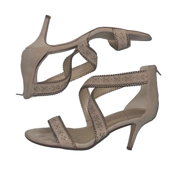Sole Society Blush Tan Strappy Heels Open Toe Neutral Sandals Suede Sz 9.5 - Picture 3 of 9